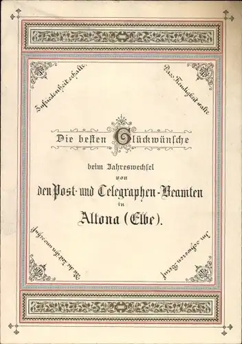 Postamt Neujahrsgrüße - von den Post- und Telegraphen-Beamten Altona (Elbe), Hamburg um 1890