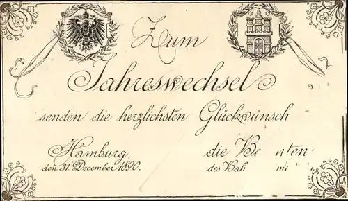 Postamt Neujahrsgrüße - vom den Beamten des Bahn-Postamtes Hamburg Stadtwappen 1890