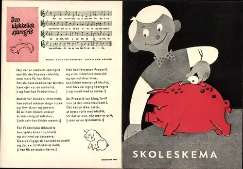 Stundenplan Hammrum Herreds Sparkasse, Dänemark, Kind mit Sparschwein um 1960