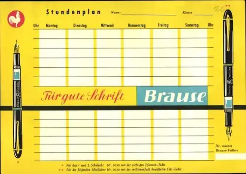 Stundenplan Brause Patronenfüller, für gute Schrift, Weltkarte um1960