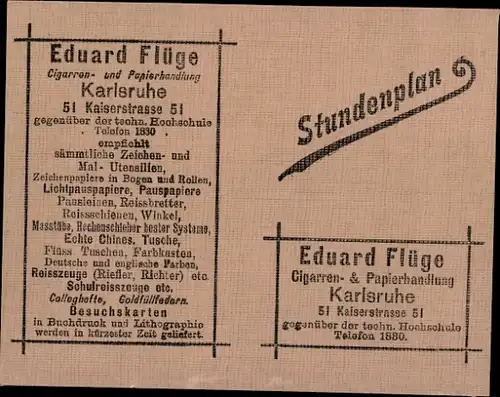 Stundenplan Eduard Flüge, Zigarren- und Papierhandlung, Kaiserstraße 51, Karlsruhe um 1950