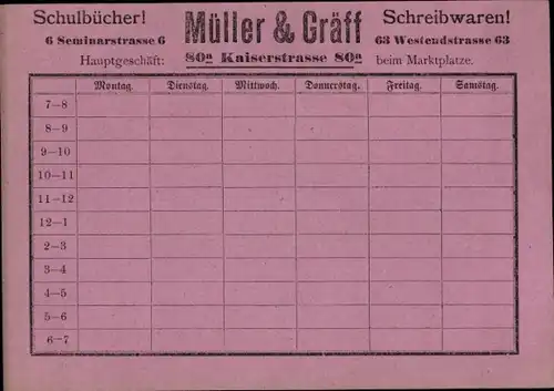 Stundenplan Müller & Gräff Schulbücher Schreibwaren, Kaiserstraße 80a, Karlsruhe um 1950