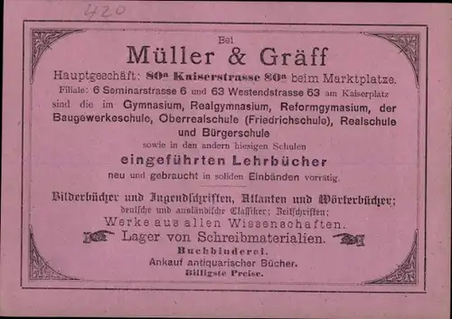 Stundenplan Müller & Gräff Schulbücher Schreibwaren, Kaiserstraße 80a, Karlsruhe um 1950