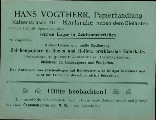 Stundenplan Hans Vogtherr Papierhandlung, Kaiserstraße 40, Karlsruhe um 1950