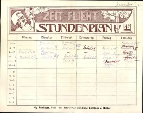 Stundenplan Georg Faulhaber, Buch- und Schreibwarenhandlung, Eberbach am Main um 1920