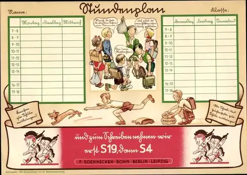 Stundenplan Reklame Soennecken Füllfederhalter, Bonn Berlin Leißzig, Federn S19, S4 um 1930