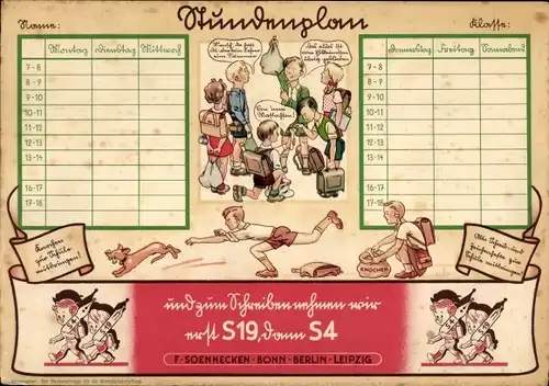 Stundenplan Reklame Soennecken Füllfederhalter, Bonn Berlin Leißzig, Federn S19, S4 um 1930