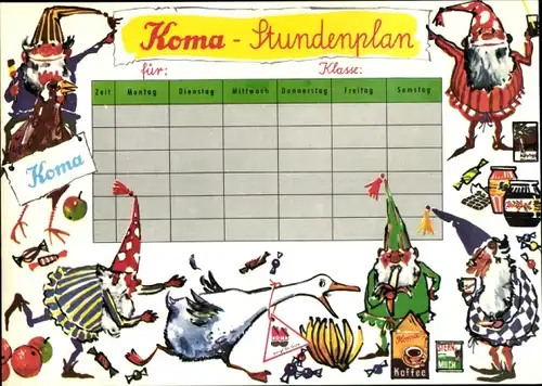 Stundenplan, KOMA Supermarkt, Koch, Kaffee, Marmelade, Wichtel, Zwerge um 1970