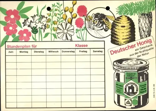Stundenplan Deutscher Honig, Bienen, Bienenstock, Geschenk der Natur um 1960