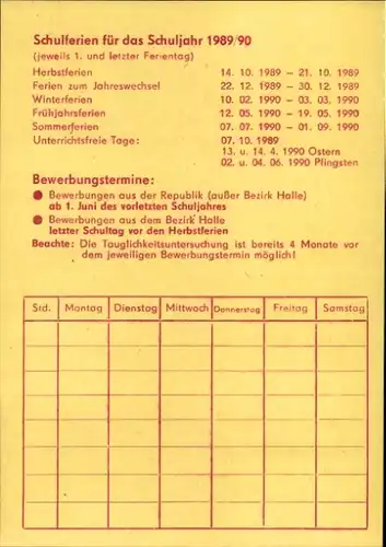 Stundenplan DDR VEB Industriemontagen Merseburg, Schulferien 1989/1990