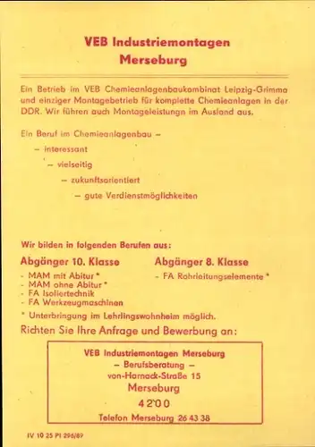 Stundenplan DDR VEB Industriemontagen Merseburg, Schulferien 1989/1990