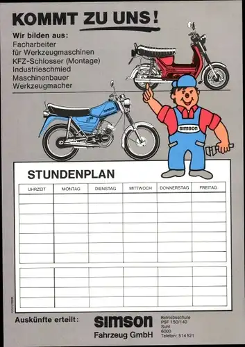 Stundenplan Simson Fahrzeug GmbH, Motorräder,Roller. Wir bilden aus - um 1970