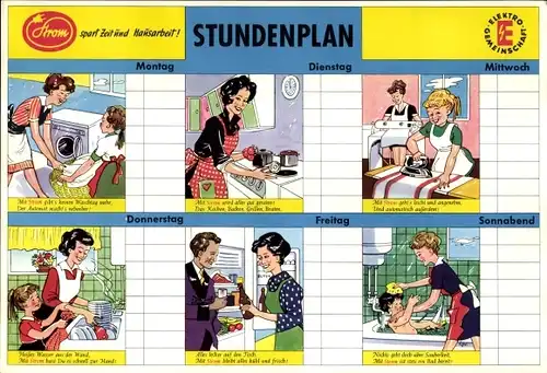 Stundenplan Strom Elektro Gemeinschaft. spart Zeit und Hausarbeit um 1960