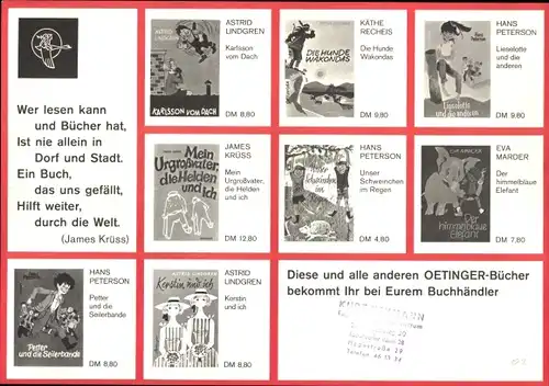 Stundenplan OETINGER Bücher, Kinderbücher, Astrid Lindgren, Hans Peterson um 1970