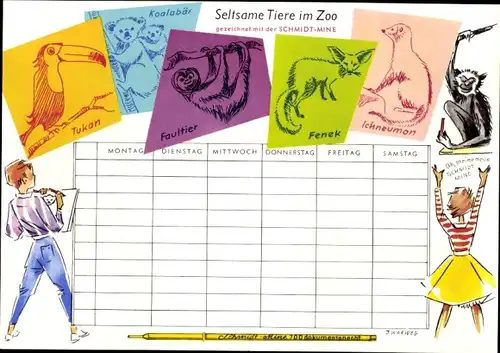 Stundenplan Schmidt-Minen für Kugelschreiber - Seltsame Tiere im Zoo um 1950