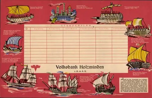 Stundenplan Volzbank Holzminden GmbH - Segelschiffe - Kühne Seefahrer um 1960