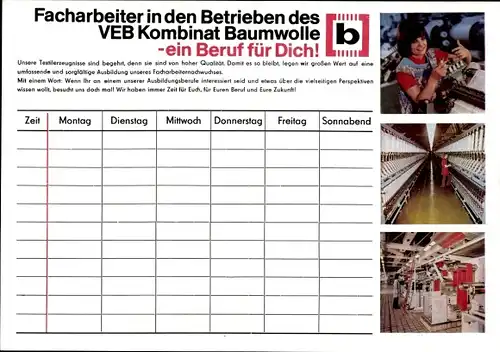 Stundenplan DDR VEB Kombinat Baumwolle Berufe der Baumwollindustrie um 1980