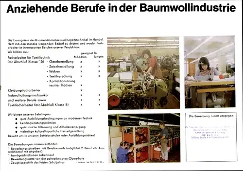 Stundenplan DDR VEB Kombinat Baumwolle Berufe der Baumwollindustrie um 1980