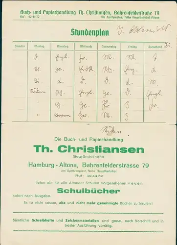 Stundenplan Buch- und Papierhandlung Th. Christiansen Bahrenfelderstraße 79 Hamburg-Altona um 1950