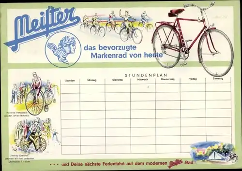 Stundenplan Reklame Meister-Fahrrad-Werke, Erhard Doppelt Bielefeld, Markenrad um 1950