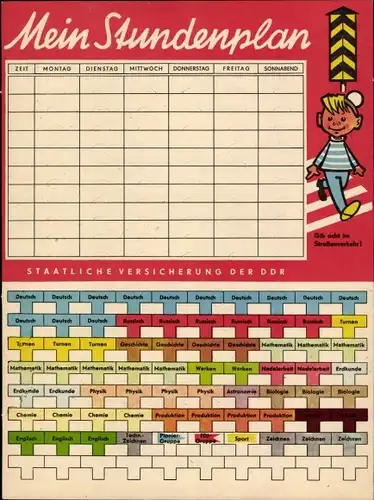 Stundenplan Staatliche Versicherung der DDR, Steck-Stundenplan, Kinder im Verkehr um 1960
