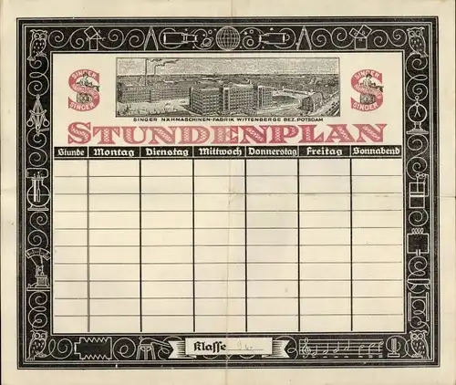 Stundenplan Singer Nähmaschinenfabrik, Wittenberge, Firmengelände um 1920