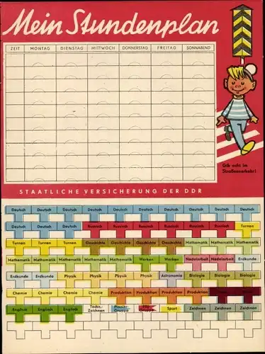 Stundenplan Staatliche Versicherung der DDR, Steck-Stundenplan, Kinder im Verkehr um 1960