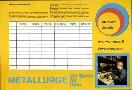 Stundenplan DDR Beruf Metallurgie für Formgebung, ein beruf für Dich um 1970