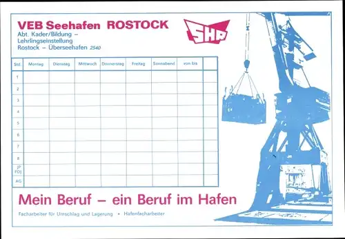 Stundenplan DDR VEB Seehafen Rostock, Berufe im Hafen, Abt. Kader/Bildung um 1980