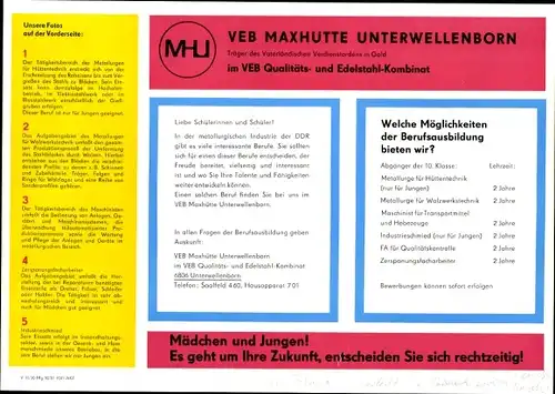 Stundenplan DDR VEB Maxhütte Unterwellenborn MHU, Qualitäts- und Edelstahl-Kombinat um 1970