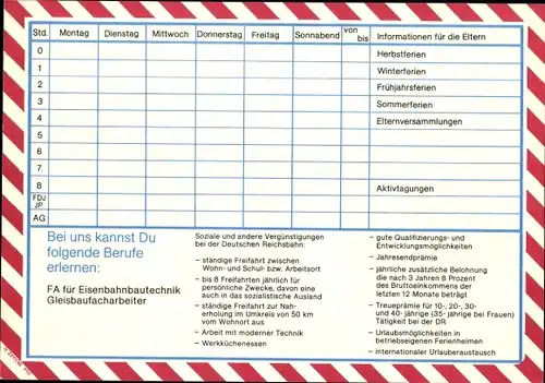 Stundenplan DDR Deutsche Reichsbahn, Berufe bei der Reichsbahnbaudirektion um 1980