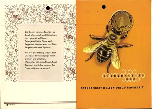 Stundenplan Sparkassen Verlag, Biene mit Pfennig, Bienenstock um 1960