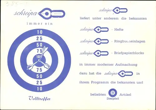 Stundenplan Schreipa Büroartikel, Hefte, Ringbucheinlagen, Blocks - Dartscheibe um 1960