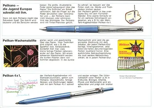 Stundenplan Pelikan Markana, zum Malen, Zeichnen und Skizzieren um 1970