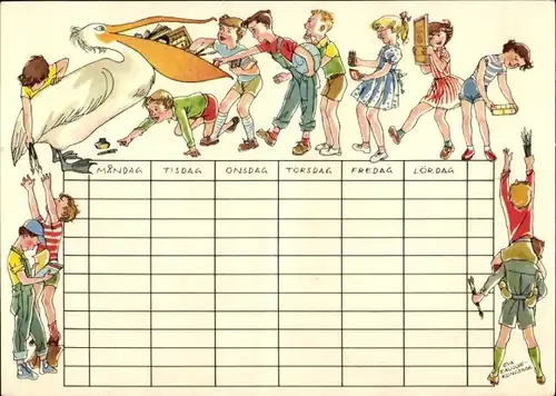 Stundenplan Pelikan Füller Schweden, Tinte, Tuschkasten, Radiergummi, Kinder mit Pelikan um 1950