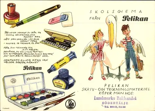 Stundenplan Pelikan Füller Schweden, Tinte, Tuschkasten, Radiergummi, Kinder mit Pelikan um 1950