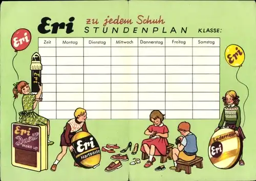 Stundenplan Eri Schuhpflege zu jedem Schuh, Lederneu, Hartpaste um 1960