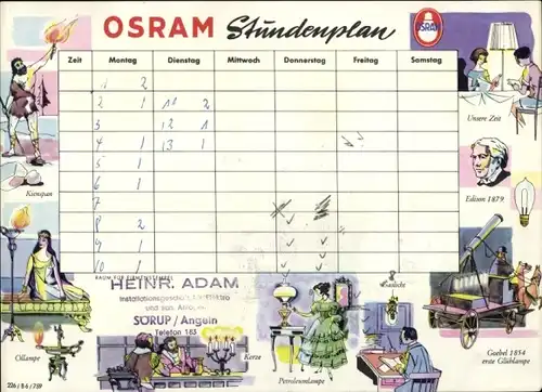 Stundenplan OSRAM Blühlampen, vom Kienspan zum elekt. Licht um 1970