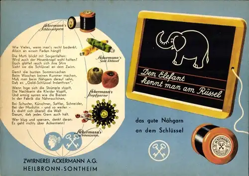 Stundenplan Reklame Zwirnerei Ackermann AG Heilbronn Sontheim, Schlüsselgarn, Fabrikansicht um 1950