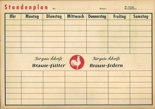 Stundenplan Brause Federn, Füller, Kinderlieder mit Noten um 1950