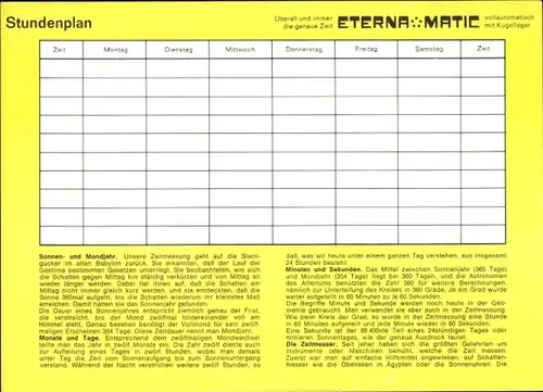 Stundenplan Uhrenhersteller Eterna AG, Schweiz, Uhr Eterna Matic, Weltkugel 1960/70