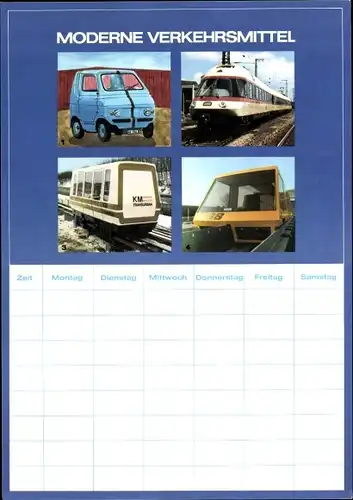 Stundenplan Sparkassen Verlag, Moderne Verkehrsmittel, Elektroauto, Intercity um 1970