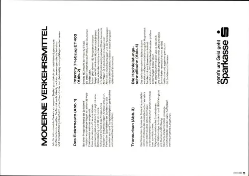 Stundenplan Sparkassen Verlag, Moderne Verkehrsmittel, Elektroauto, Intercity um 1970