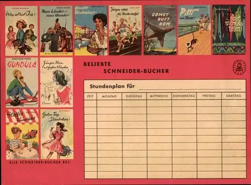 Stundenplan Reklame Franz Schneider Verlag München, Neue Schneider-Bücher Jugendbücher um 1960