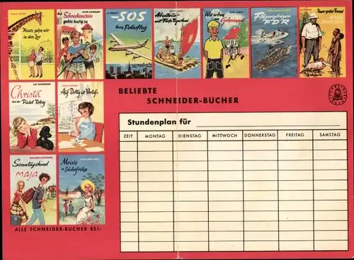 Stundenplan Reklame Franz Schneider Verlag München, Beliebte Schneider-Bücher Jugendbücher um 1960