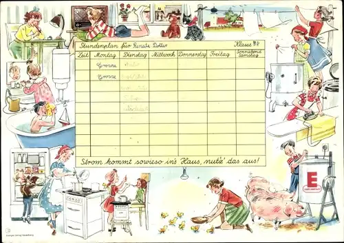 Stundenplan Energie im Haushalt, Strom kommt sowieso ins Haus um1960