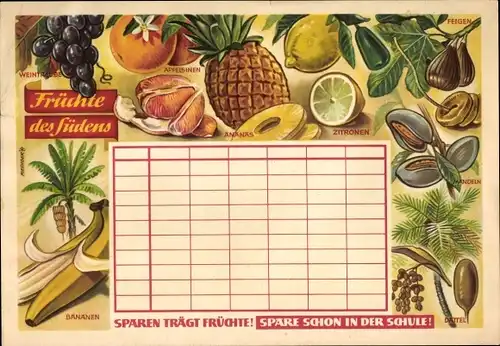 Stundenplan DDR Sparkasse, Früchte des Südens, SÜdfrüchte, Bananen, Apfelsine um 1960