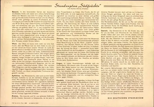 Stundenplan DDR Sparkasse, Früchte des Südens, SÜdfrüchte, Bananen, Apfelsine um 1960