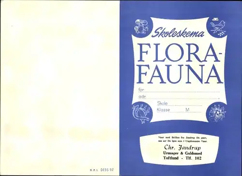 Stundenplan Optiker Uhrmacher Chr. Jandrup Toftlund Dänemark - Flora-Fauna Pilze um 1950