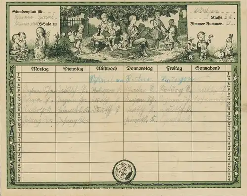 Stundenplan, Kinder mit Engel, Junge mit Hasen, Spielende Kinder um 1920